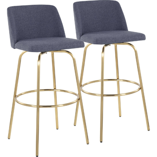 Toriano 30" Swivel Bar Stool in Blue Fabric & Gold with Round Footrest (Set of 2)